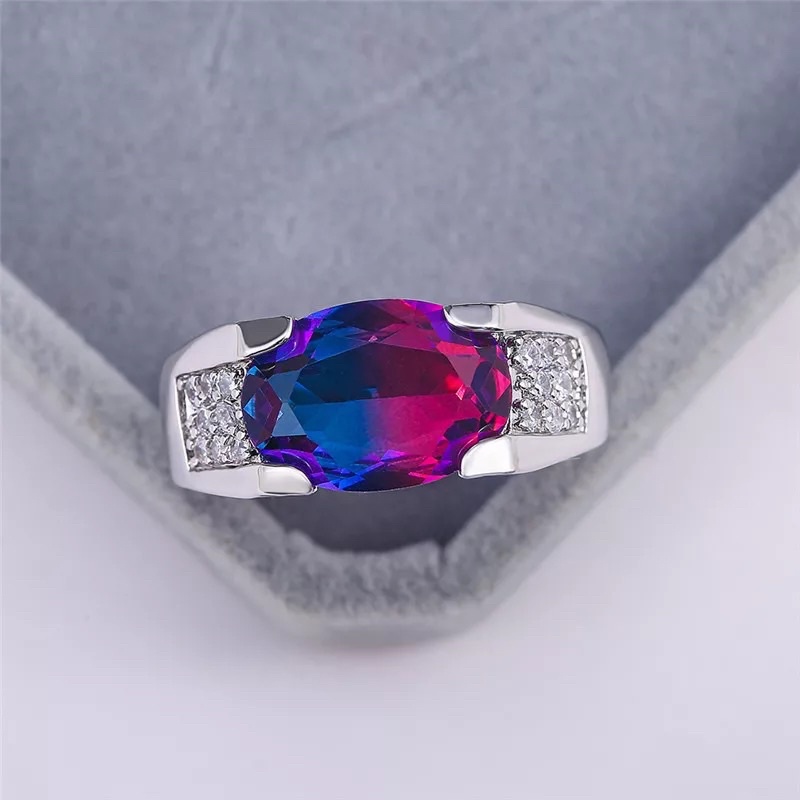 Cincin Perak Batu Ametrine Bicolor Dua Warna Cubic Zirconia Mewah Elegan High Class