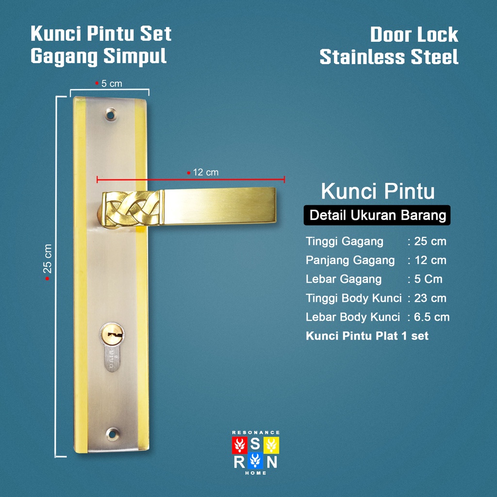 Kunci Pintu Besar Gagang Simpul GOLD / Silinder Full Set Resonance Home