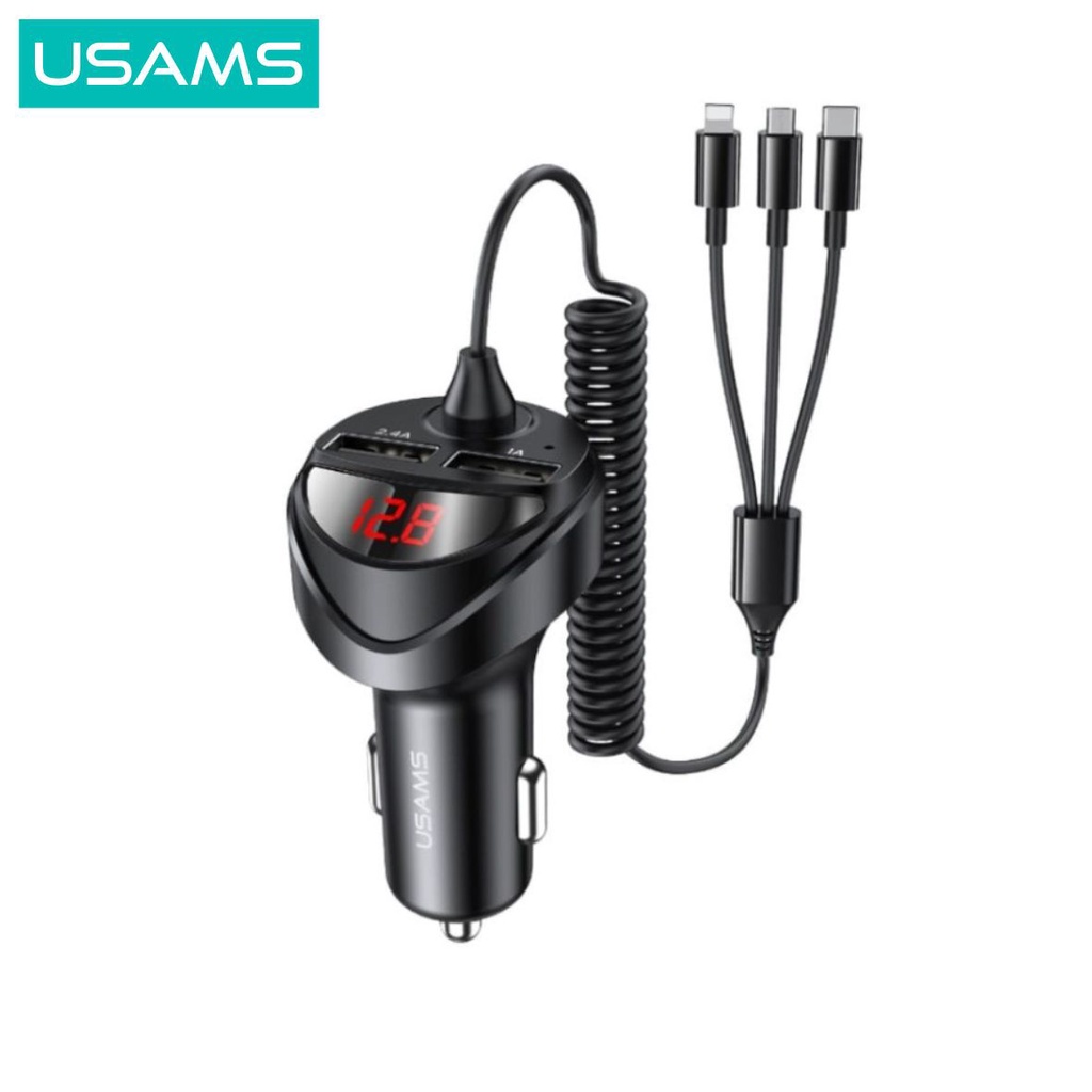 USAMS C22 Car Charger Mobil with 3IN1 Spring Cable Dual USB 3.4A Digital Display