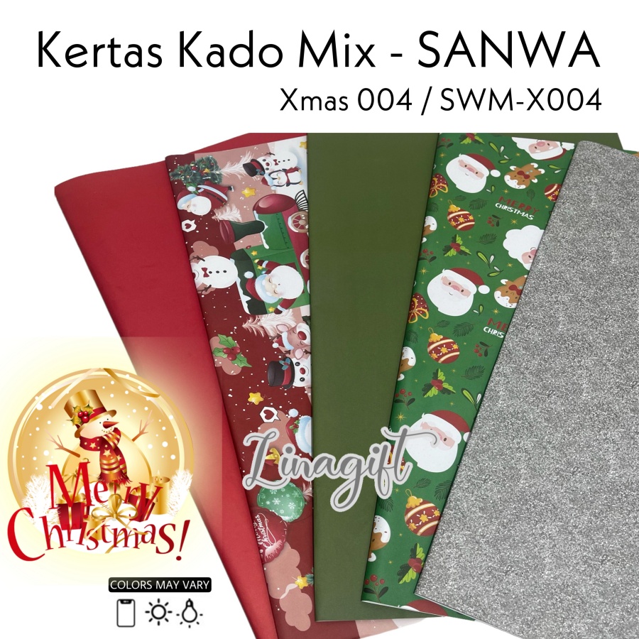 ( 5 Lembar 5 Motif ) XMAS MIX SANWA - KERTAS KADO NATAL - GIFT WRAP PAPER SANSAN WAWA CHRISTMAS SANTA / SNOWMAN / POHON NATAL / RED / GREEN / GOLD