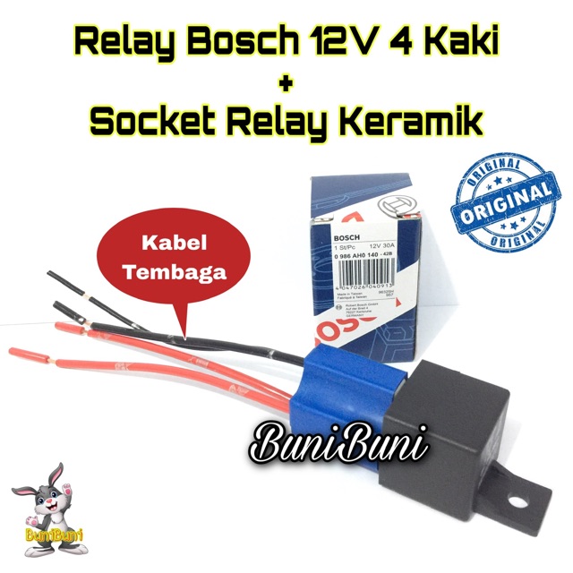 Relay Bosch Original 12V 30A Kaki 4 Komplit Rumah / Socket Relay Bahan Keramik Tahan Panas