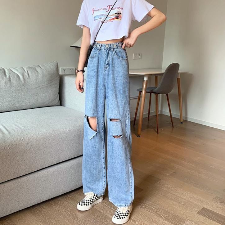 ripped jeans wanita high waist celana jeans loose Korea style PREMIUM IMPORT straight pants