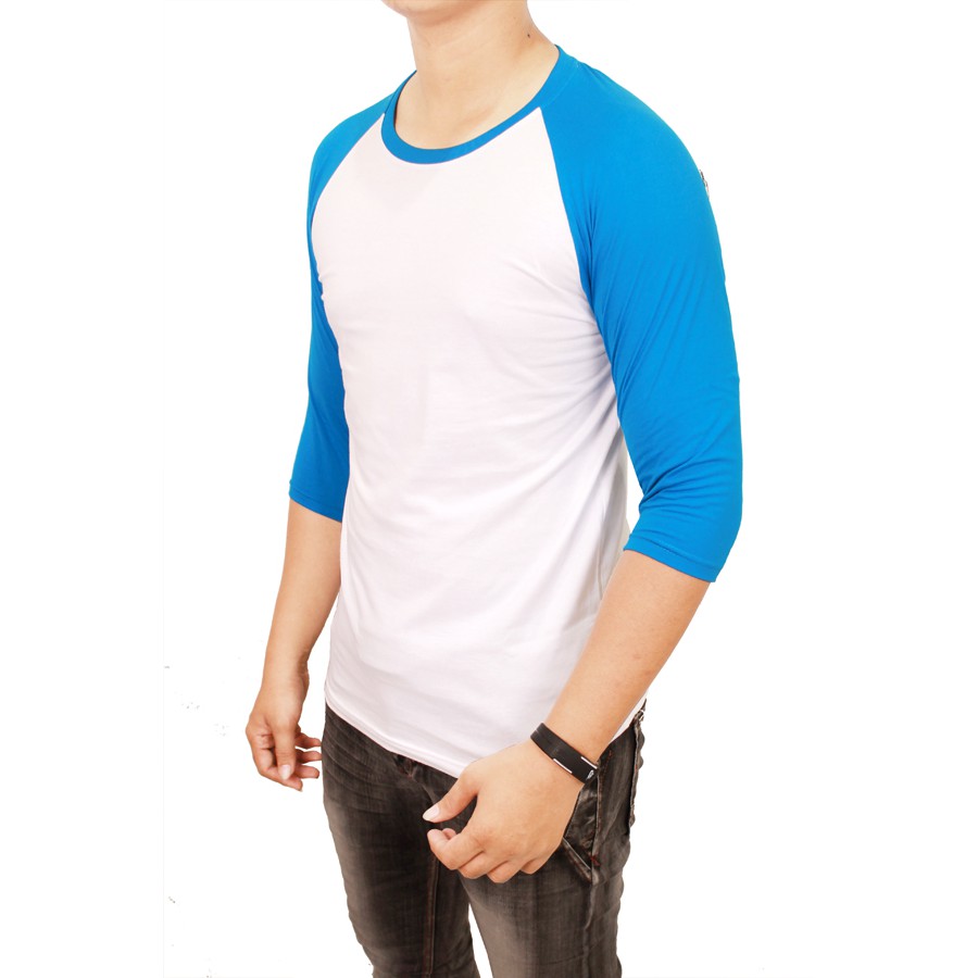 Kaos Raglan Polos Putih Biru - FBL 09