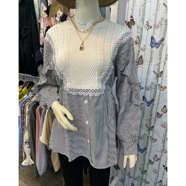 ATASAN BLOUSE IMPORT TWO TONE KNIT RENDA / ATASAN KATUN MIX RAJUT IMPORT / ATASAN WANITA RUFFLE TWO 