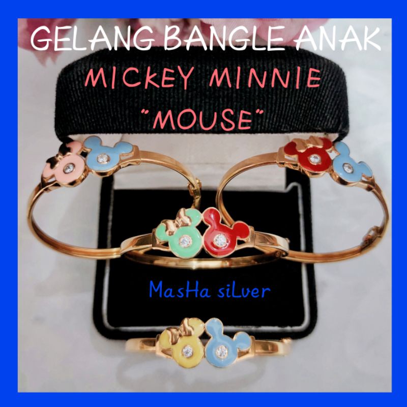 GELANG ANAK PERAK BANGLE BULAT ASLI SILVER 925 LAPIS EMAS_GL MICKEY MINNIE MOUSE