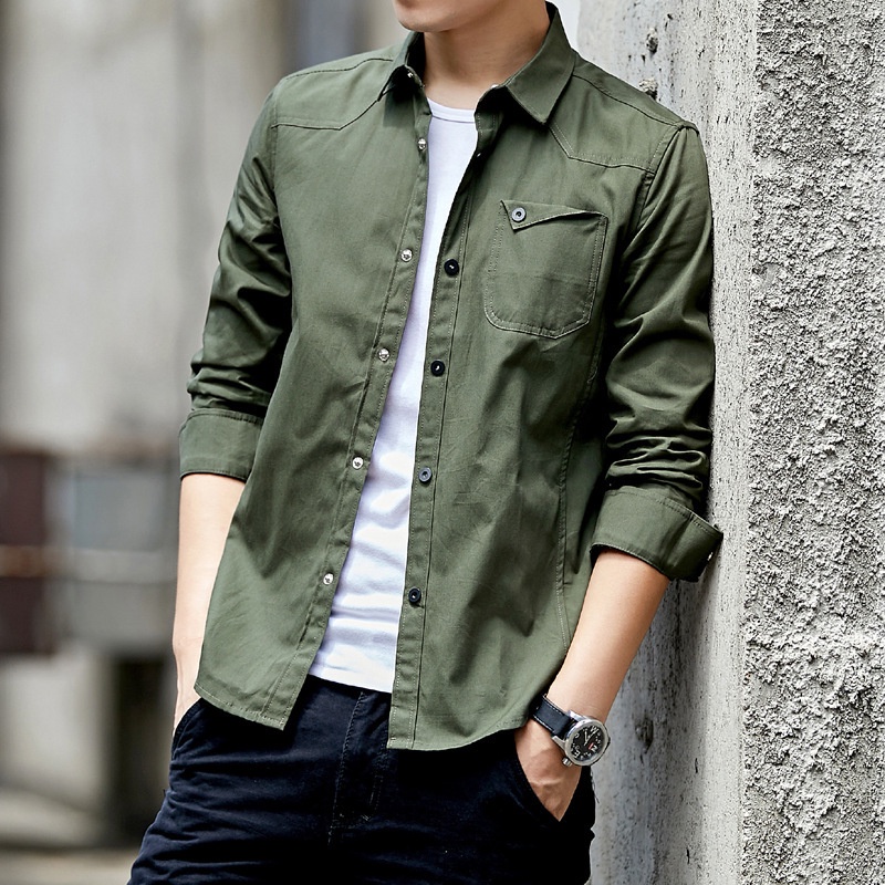 Kemeja Pria 2020     Pria Kapas Lengan Panjang Kemeja Korea Slim Muda Pria  Shirt Militer fashion