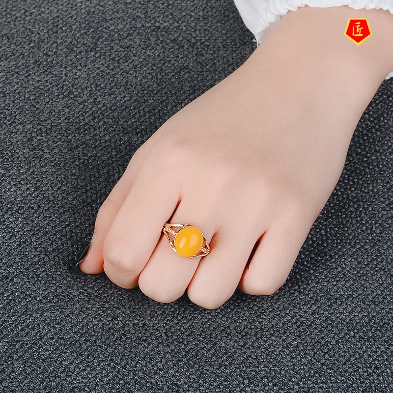 [Ready Stock]Fashion New 925 Silver Amber Ring Canary Stone Temperament Elegant Simple