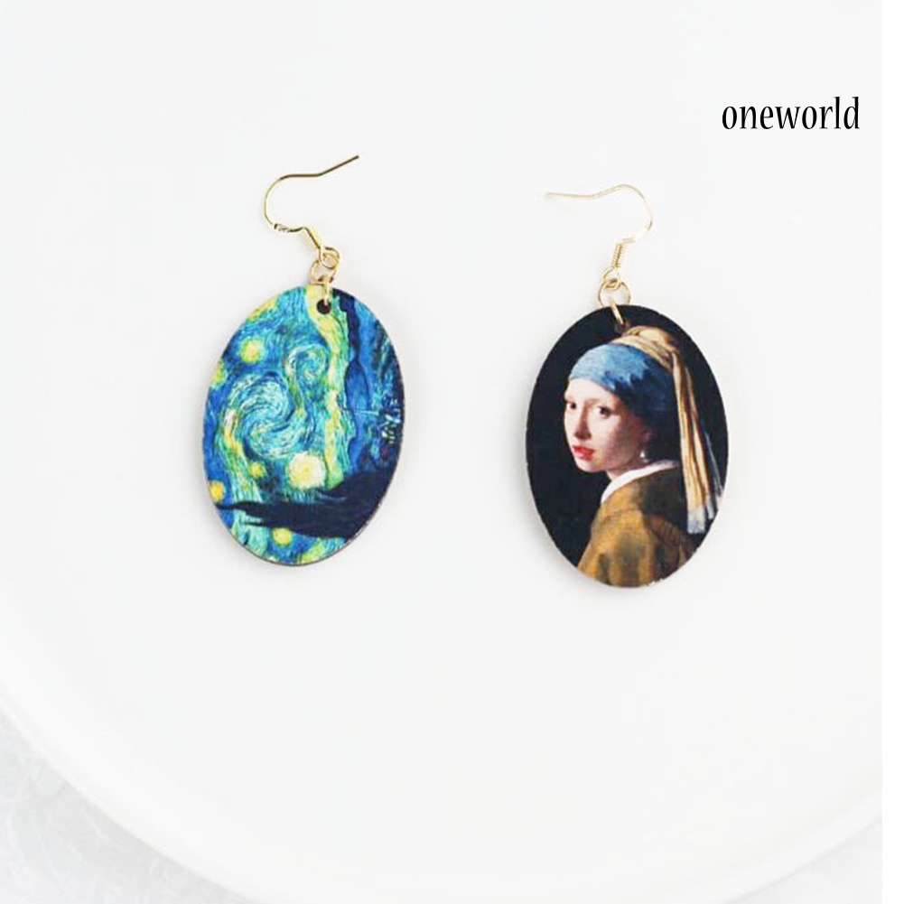 OW@ Women Oval Enamel Niche Oil Painting Asymmetrical Wooden Pendant Hook Earrings