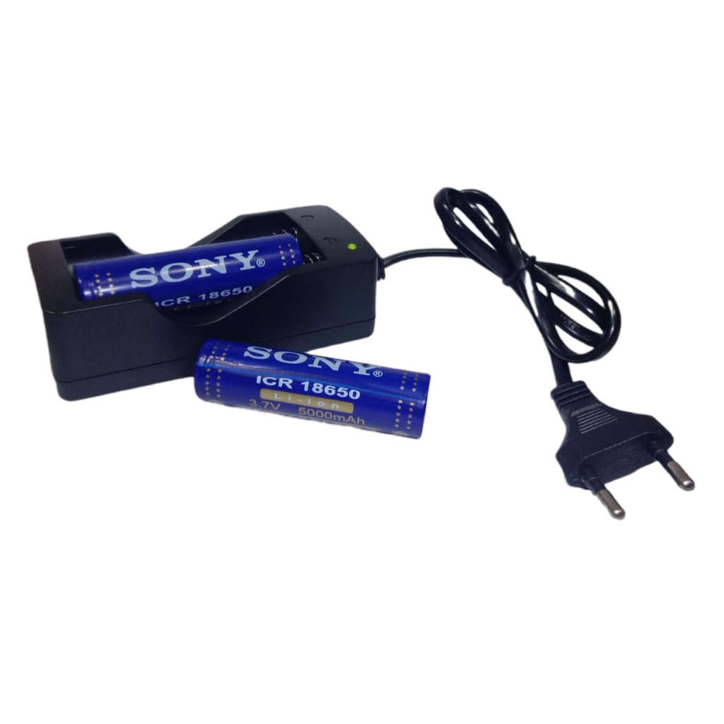 Paket Casan 2 Slot + 2 PCS Baterai Li-ion ICR 18650 5000mAh 3.7V Warna Biru FLATTOP