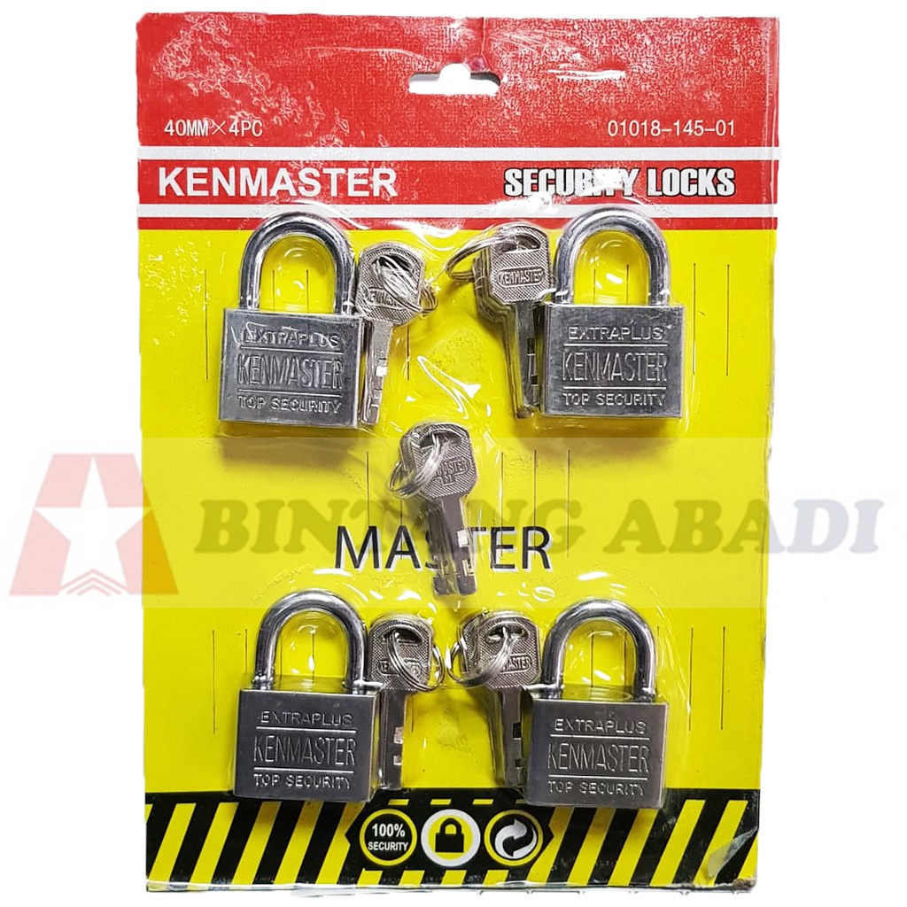 Kenmaster Kunci Gembok Master Key 40 mm Pendek Set 4 Pcs Padlock Klotok Chrome  01018-145-01