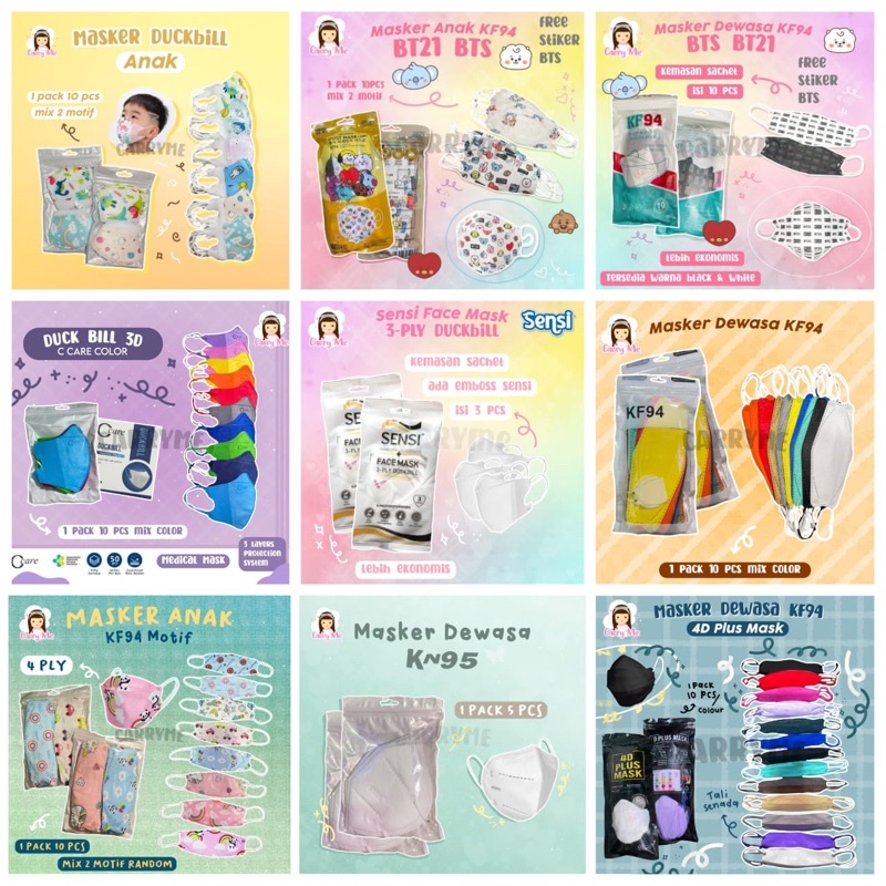 MASKER KF94 KN95 DUCKBILL SENSI ANAK BAYI DEWASA BTS BT21 KARAKTER MURAH (BELI 1PACK DAPET EXTRA)