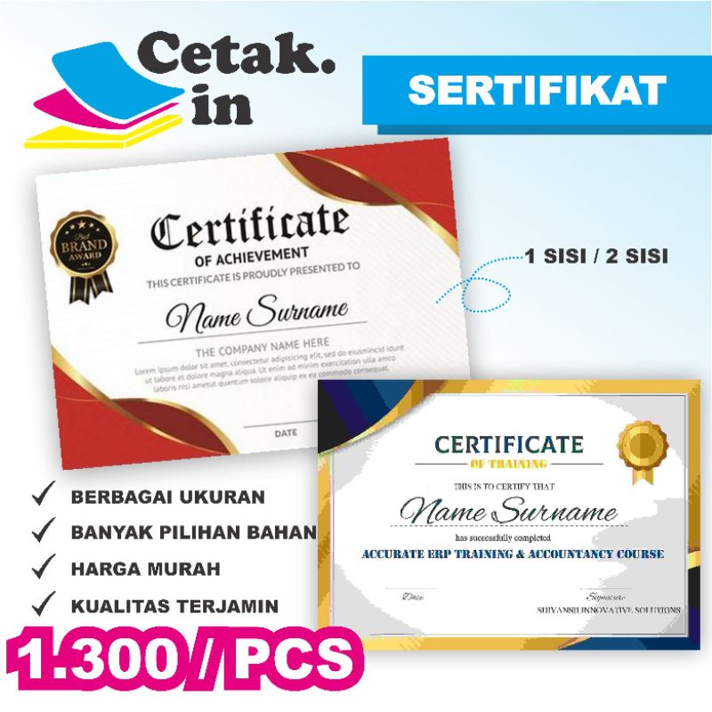 

[TERMURAH] CETAK SERTIFIKAT, PIAGAM PENGHARGAAN A4, A5, F4