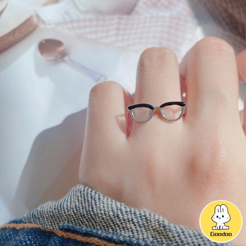 Cincin Model Terbuka Desain Kacamata Enamel Adjustable Untuk Wanita -Doo