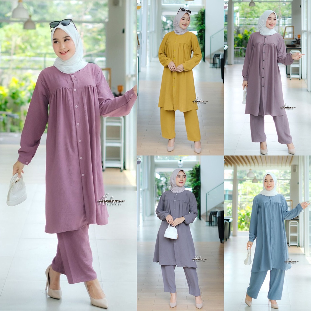 Setelan celana one set ANJANI RISA original by AL FARO atasan celana crinckle terbaru casual shabby limitted setelan wanita busui bumil tunik long kancing kemeja kerja muslim ootd fashion lylac denim army