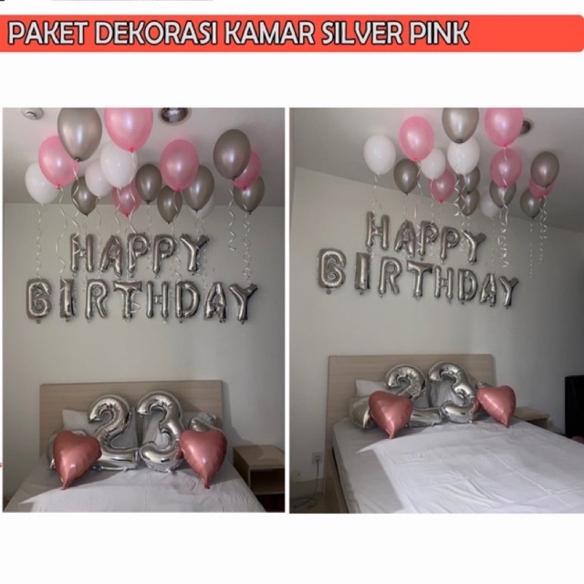 Set Balon dekorasi Ulang tahun Kamar tema Pink Silver | Dekorasi Ulang tahun Kamar Silver Pink