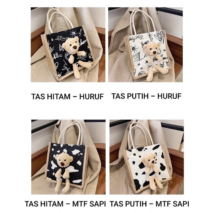 TOTE BAG SELEMPANG KANVAS ADA TEDDY BEAR + SLETING