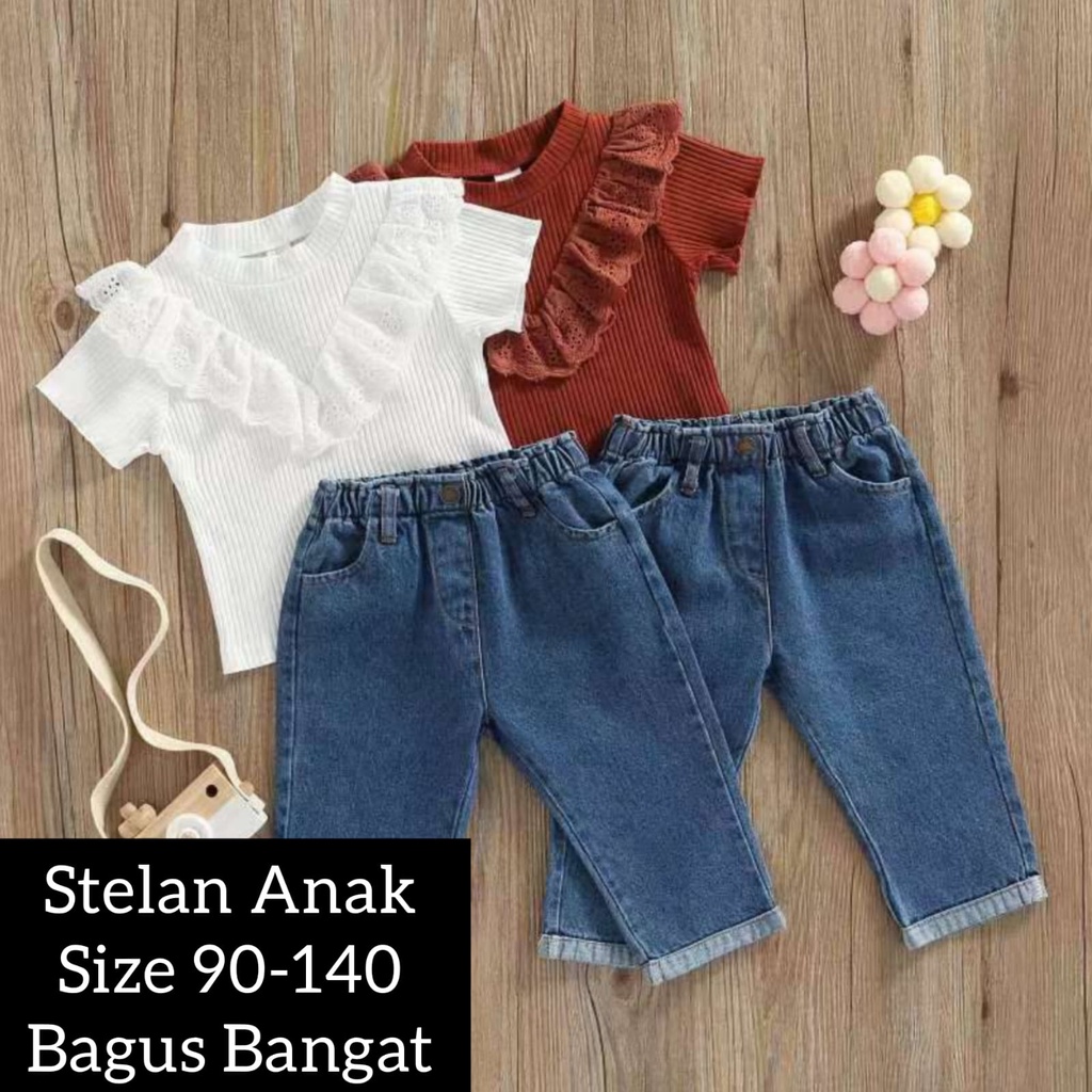 (LOLI-JKT) BS-313 STELAN ANAK CEWEK RENDA DADA + JEANS SIZE 90-140