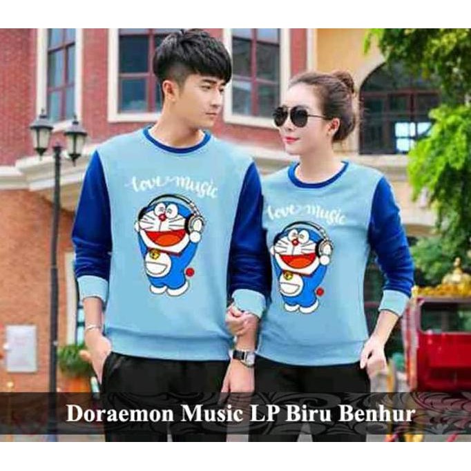 promo sweater couple / sweater pasangan / baju couple / baju doraemon music - biru muda terbaru