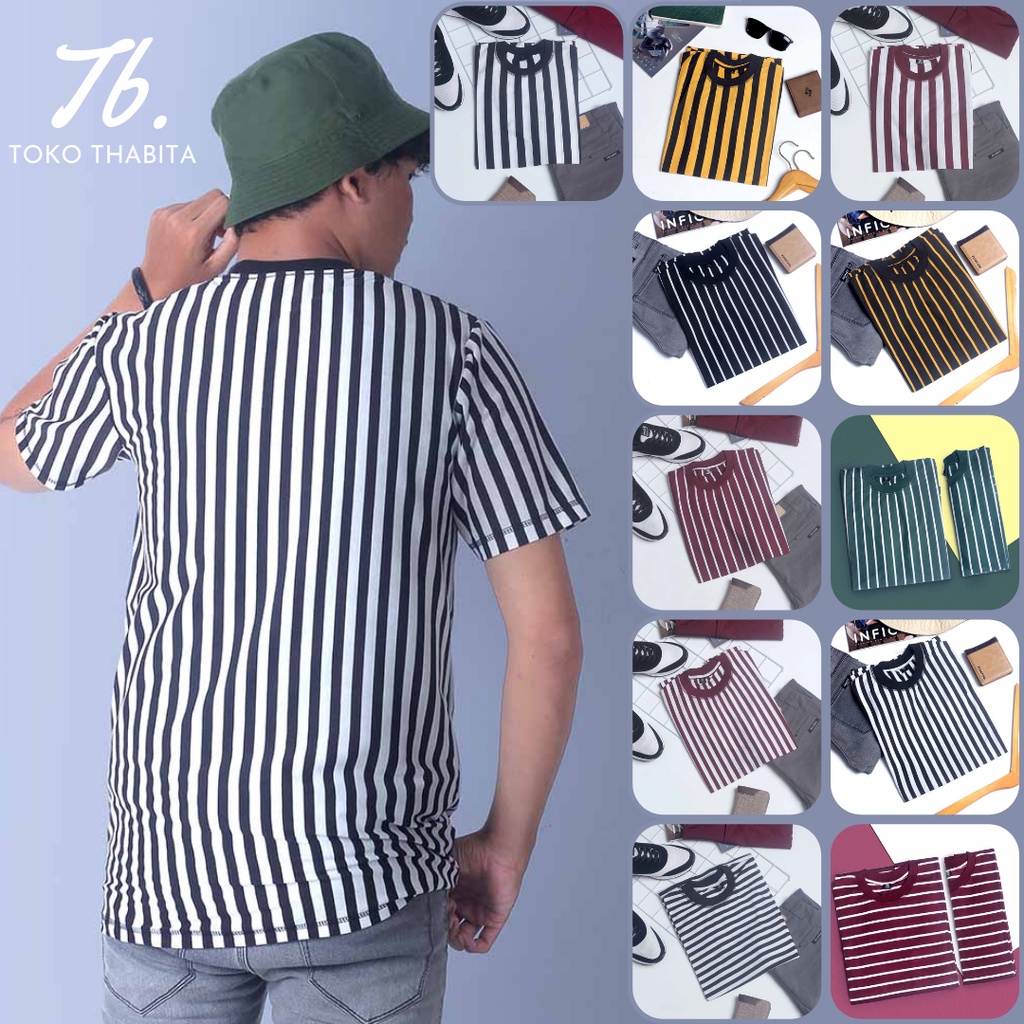 Kaos Salur Pria Dewasa Katun Combed 30S Lengan Pendek Baju Blaster Distro Oblong Stripe Motif Garis-garis Tanpa Kerah M L XL Vertikal Horizontal