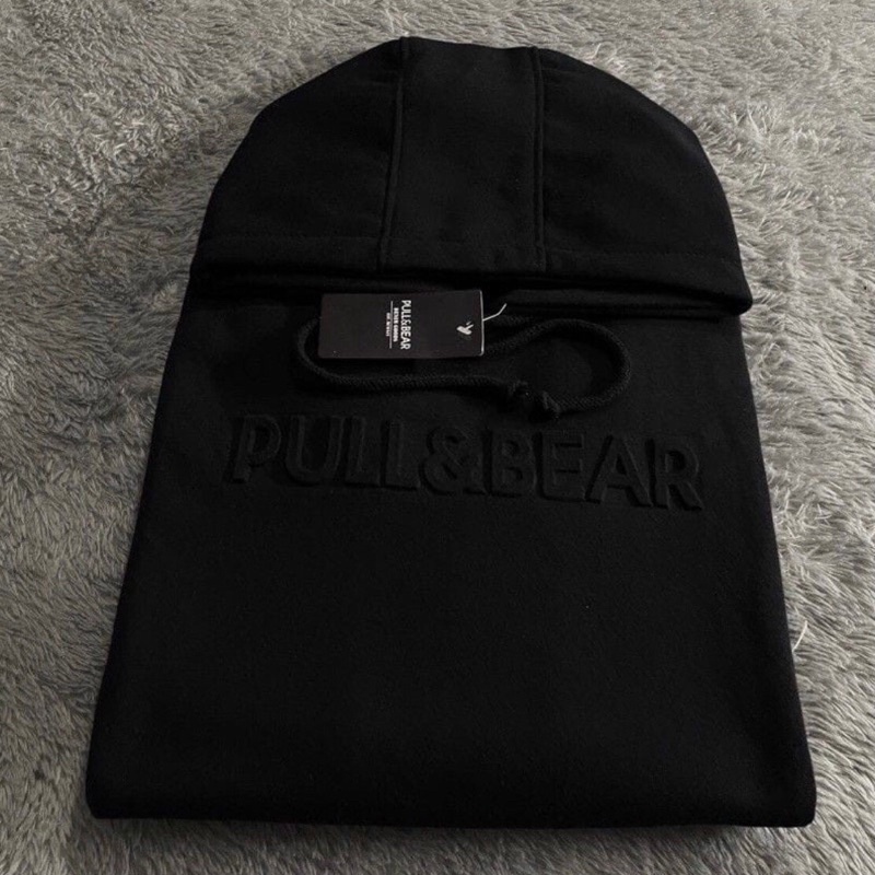 SWEATER HOODIE PULL &amp; BEAR EMBOOS 3D FONT TIMBUL FULL TAG AND LABEL