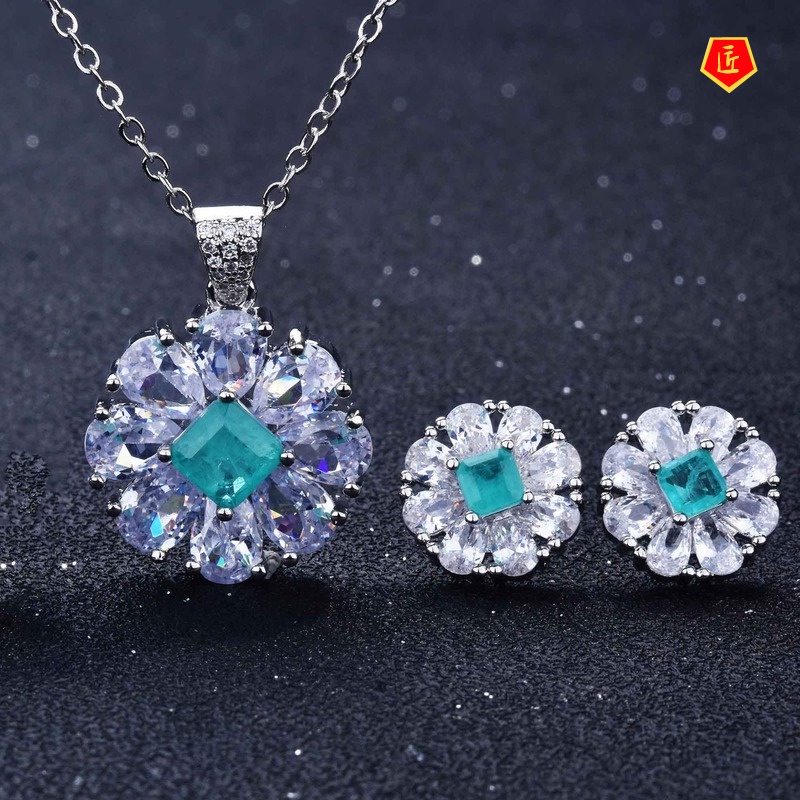 [Ready Stock]Natural Paraiba Necklace Ear Stud Jewelry Set