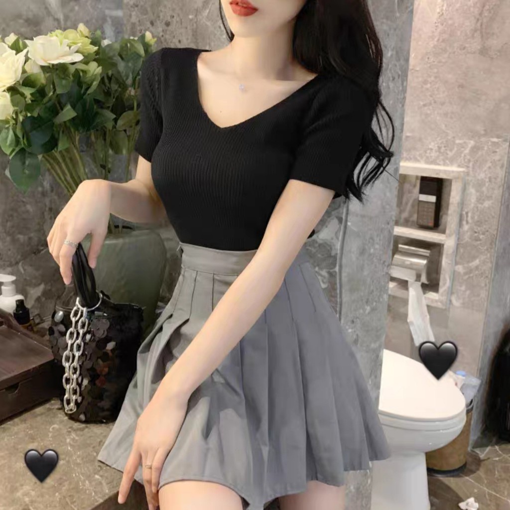 Korean V-Neck T-Shirt Wanita Rajut Lengan Pendek//atasan rajut wanita murah