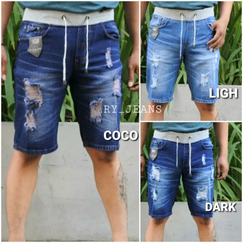 Celana Jeans pendek sobek pria rip pinggang kolor jeans sobek streeth