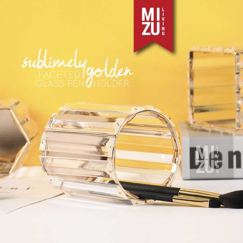 SUBLIMELY GOLDEN FACETED GLASS Pen Holder Glass Stationery Stand Tempat Pensil Alat Tulis Kaca Emas