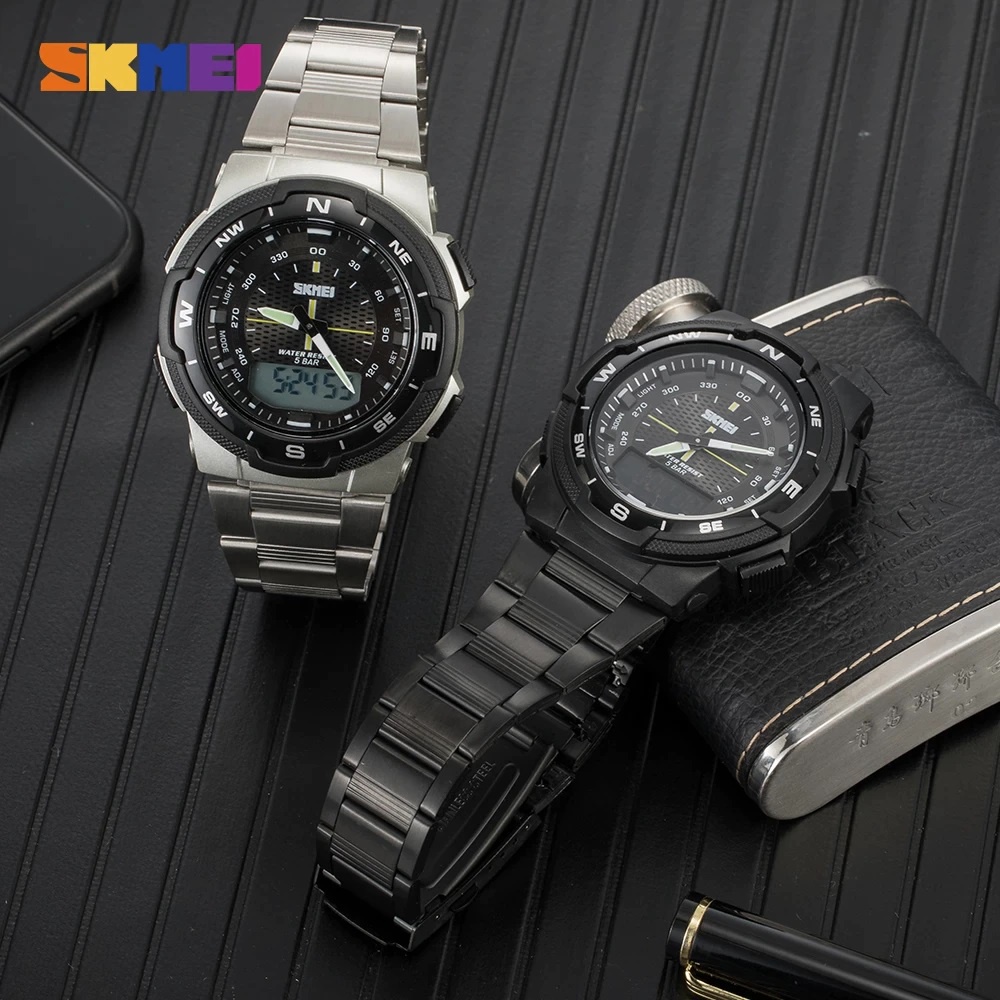 Jam Tangan Pria Stainless Steel Dual Display SKMEI Business Sport Original