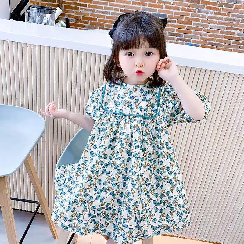 Dress Anak Perempuan Korean Fashion Floral Printed Warna Biru Long Sleeve Gaun 1-8 Tahun