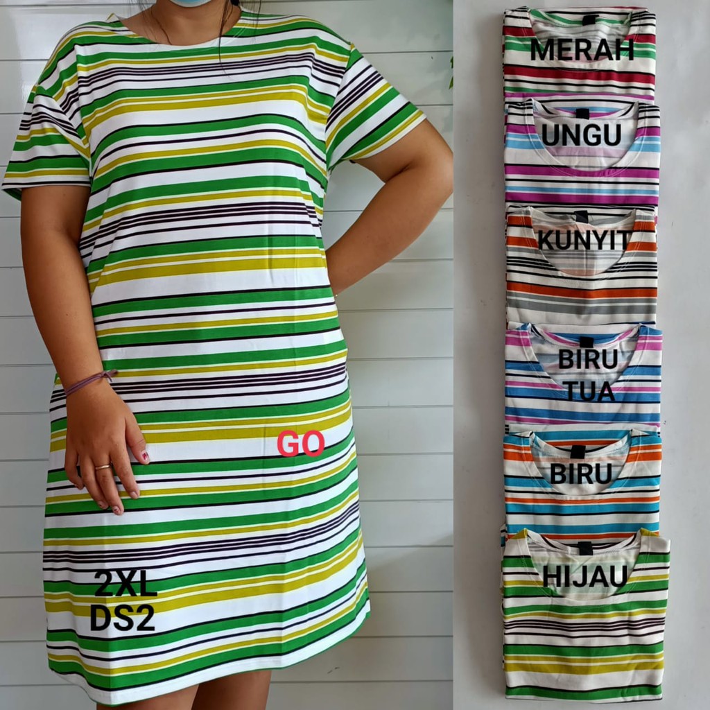 gof DS LMN JUMBO DRESS/DASTER Wanita Casual Motif Garis Salur Pakaian Perempuan Lengan Pendek