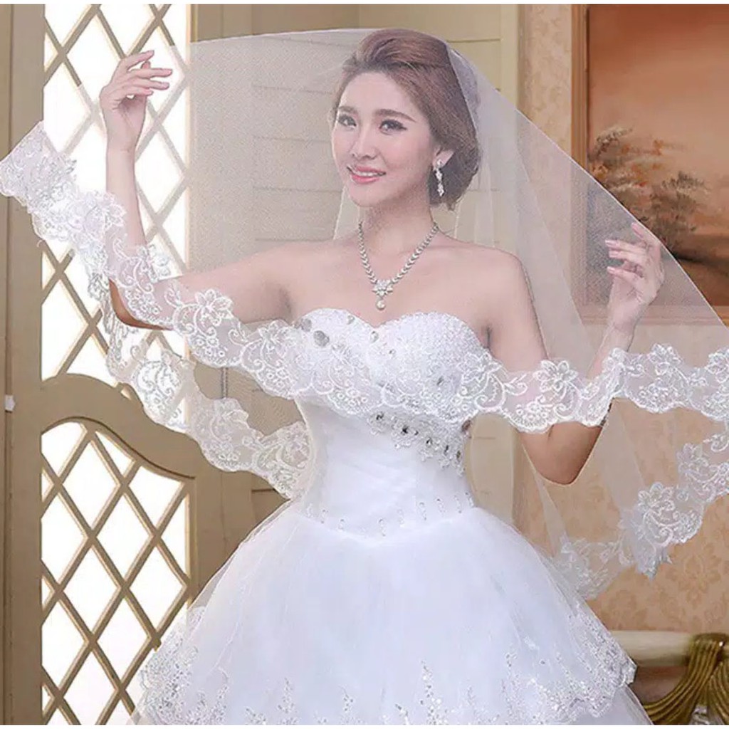 White Elbow Tulle Lace - Slayer Wedding Bridal Long Veil - Kerudung Pengantin 1 Layer