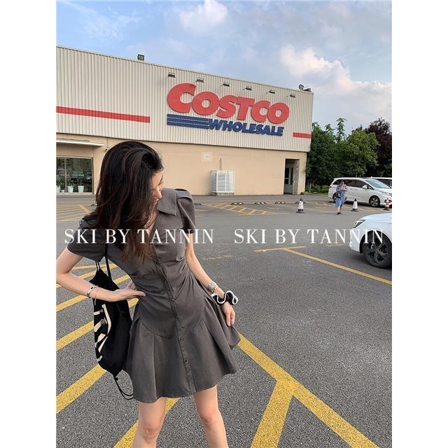 skibyTannin abu-abu lipit rok kemeja lengan engah v-neck desain gaun rok pendek musim panas wanita