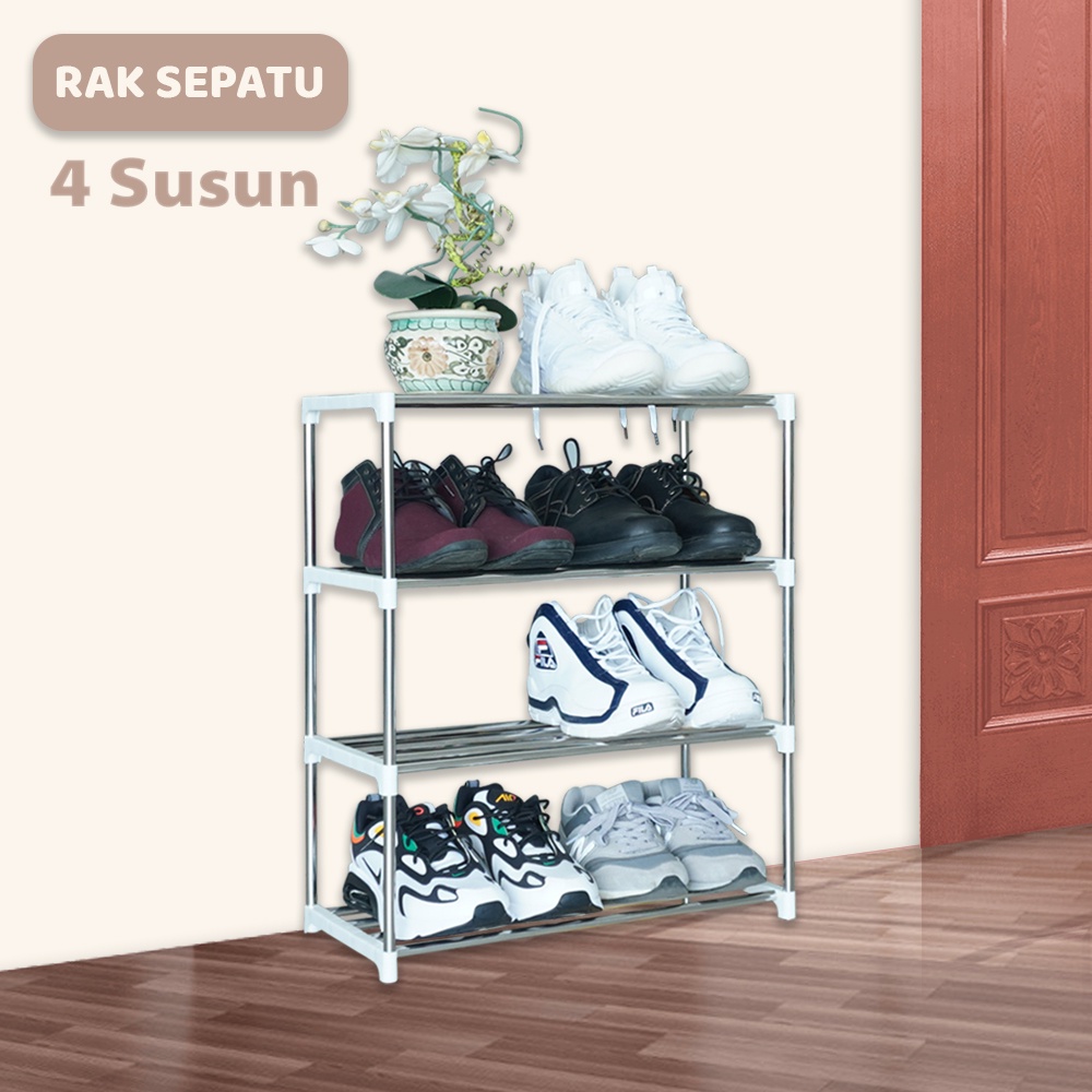 Rak Sepatu Sandal Stainless Steel Rack Tanaman 4 susun Kuat dan Anti Karat