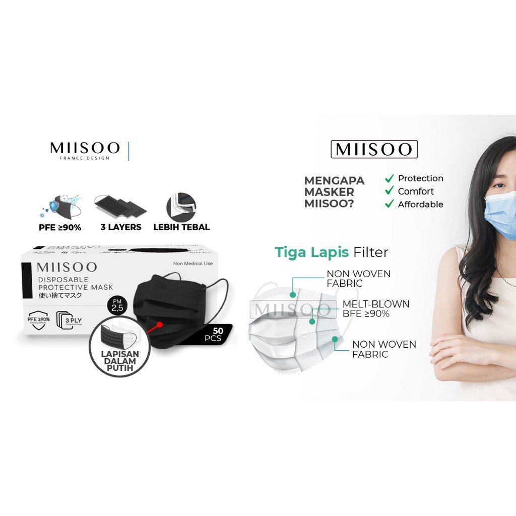 MIISOO Disposable Masker Hitam Black Edition 50pcs Masker Kesehatan 3ply Earloop IZIN RESMI BNPB