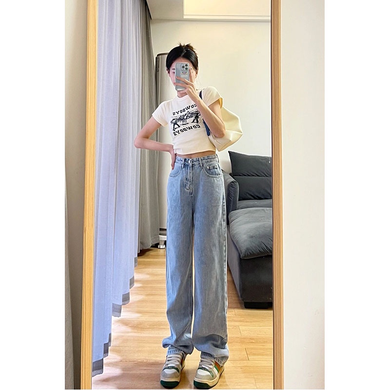 Biru high waist boyfriend korean style celana jeans panjang wanita