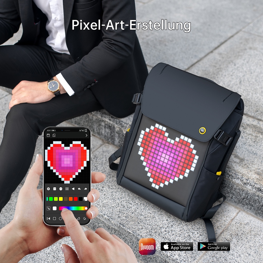 DIVOOM Pria Ransel Sekolah 15 Inch Tahan Air Siang Hari Tas Laptop 16X16 RGB LED Display Hitam Tas Travel Pixoo M