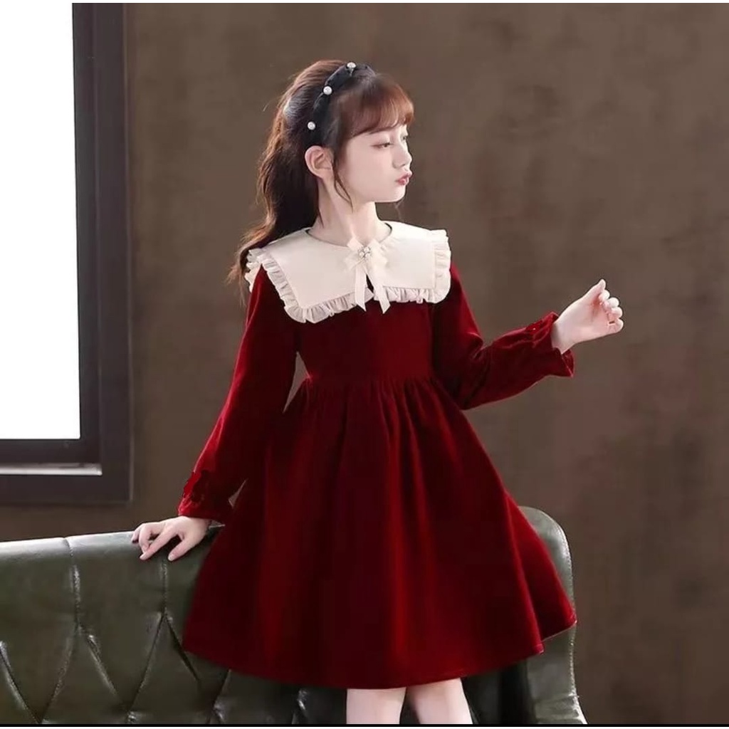 QFS - DRESS ANAK  KOREA CATHERIN /UMUR 7-10 TAHUN / MAROON / HITAM / TERBARU / TERPOPULER/KOREA