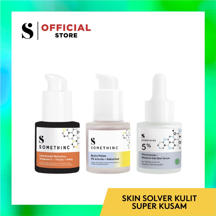 SOMETHINC SKIN SOLVER Kulit Super Kusam Bundle(- Lemonade Waterless Vitamin C + Ferulic + NAG 20 ml - Revive Potion 3% Arbutin + Bakuchiol 20 mll - 5% Niacinamide + Moisture Sabi Beet Serum 20 ml)