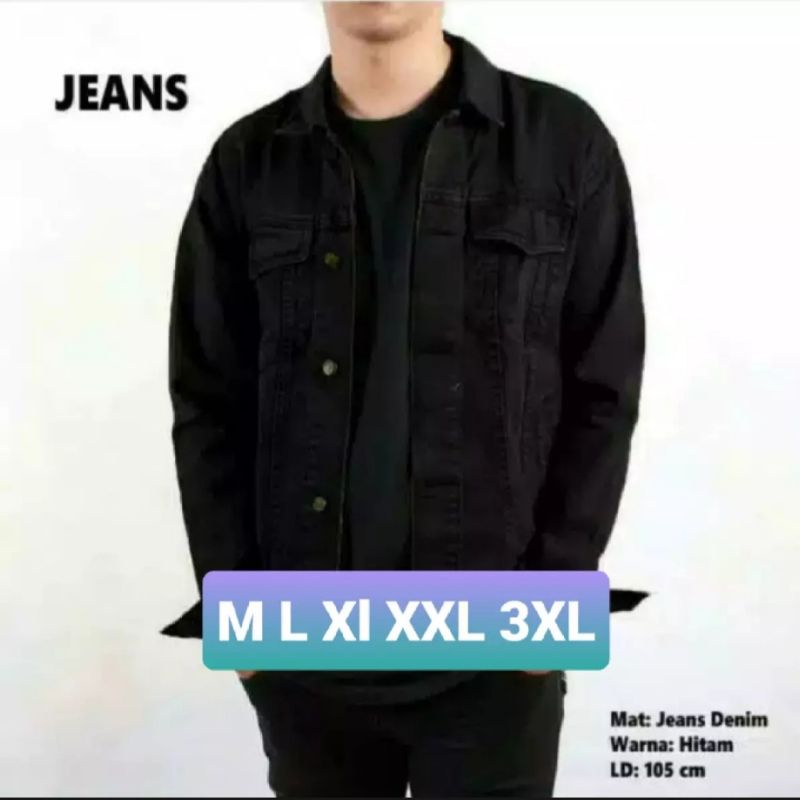 Jaket Jeans Pria Hitam Pekat M~XXXL.Jacket Denim Tebal Black Laki Laki Dewasa COD Bandung Project.ID