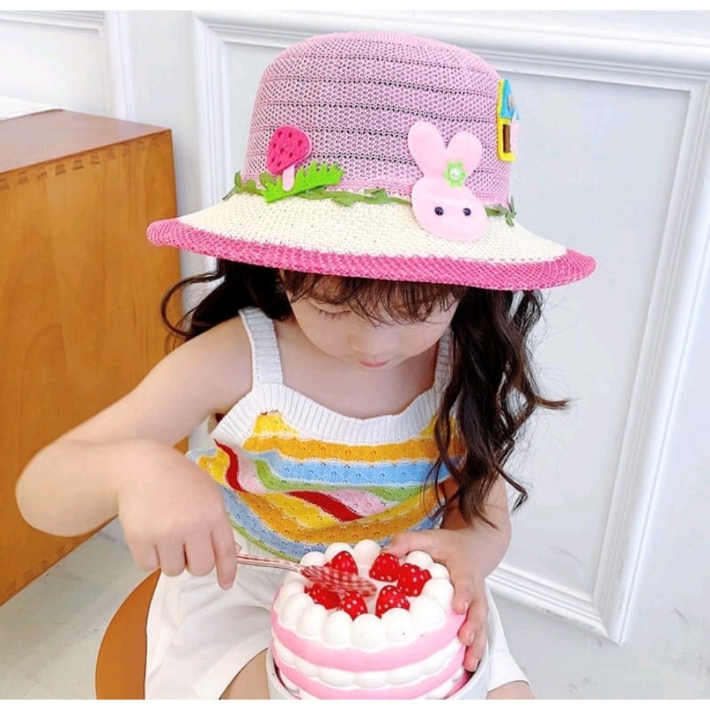 Topi Anak Perempuan Lebar Motif Kelinci Lucu Import