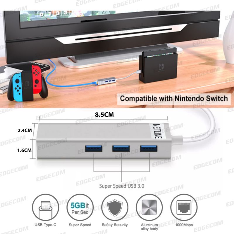 USB 3.1 TYPE C to 3 Port USB 3.0 HUB + Ethernet Lan Adapter 10/100Mbps NETLINE