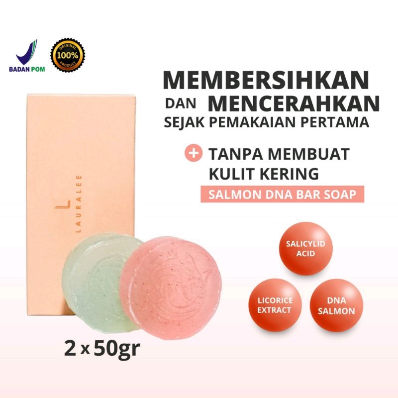 Lauralee Salmon DNA Sabun Wajah dan Tubuh Pemutih 2in1 1 Box isi 2pcs Bright dan Acne Aman BPOM