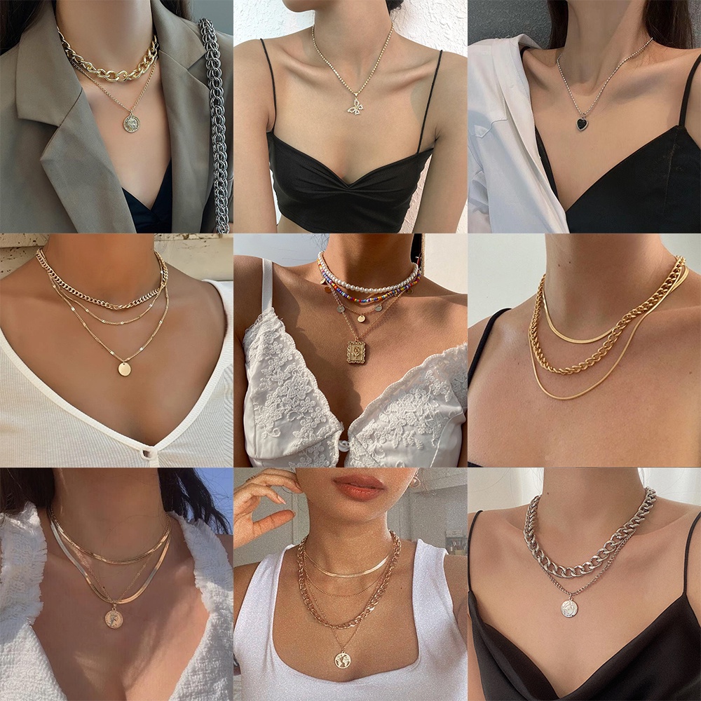 AY(CN) Kalung Choker Rantai Banyak Lapis Dengan Liontin Kupu-Kupu + Mutiara + Kristal Gaya Korea Untuk Wanita
