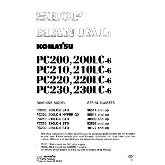 shop manual excavator komatsu PC200-6 S/N: 96514 and up