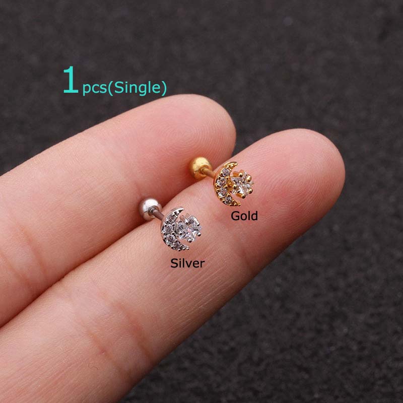 1piece Moon Star Earrings Tragus Daith Pinna Piercing 6mm Length 20G