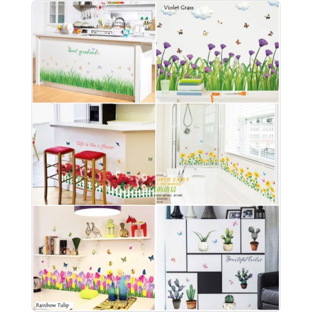 Wallsticker Sticker Hiasan Dinding Motif Bunga Pot Rumput Kupu-kupu Kaktus Sukulen Mawar 50x70cm