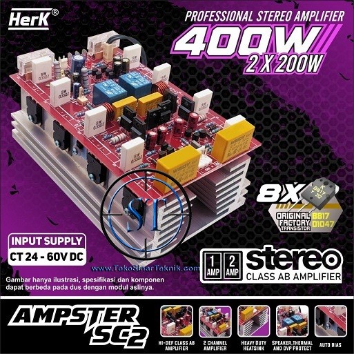 Kit Power Amplifier Stereo AMPSTER SC2 400W ( 2x200W ) High Class AB 8X 2 Channel Left And Right Heavy Duty