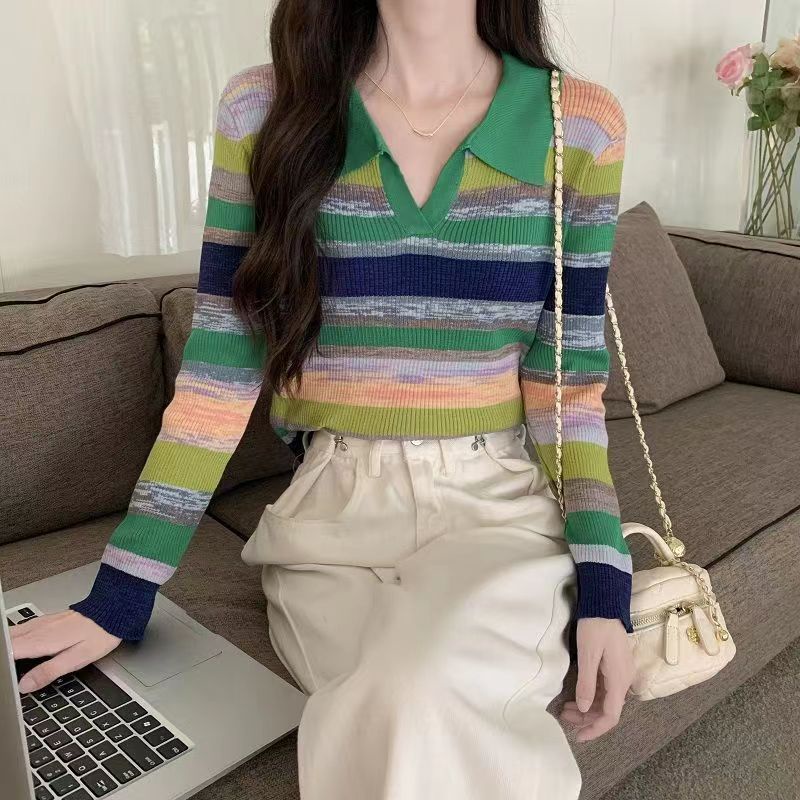 Knitwear Korean Style Stripe V-neck Knit Top Wanita Lengan Panjang