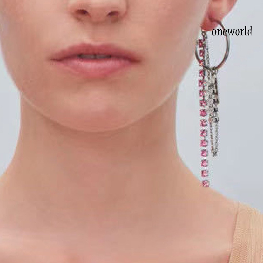 OW@ 1 Pair C-shaped Chain Tassel Drop Earrings Women Pink Rhinestone Clip Earrings Jewelry Accessory